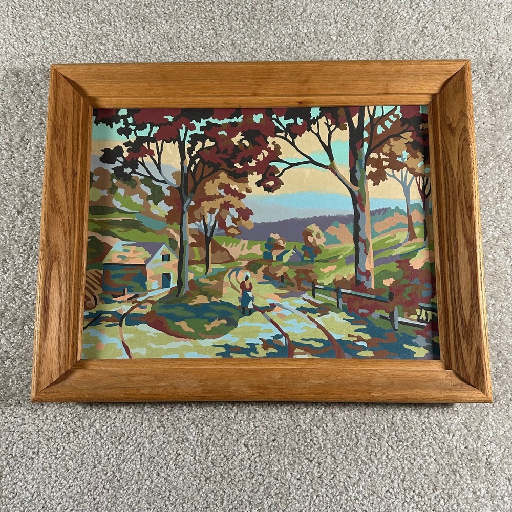 Vintage Paint By Number Landscape Framed Oak Wood Country Barn Folk Art Painting